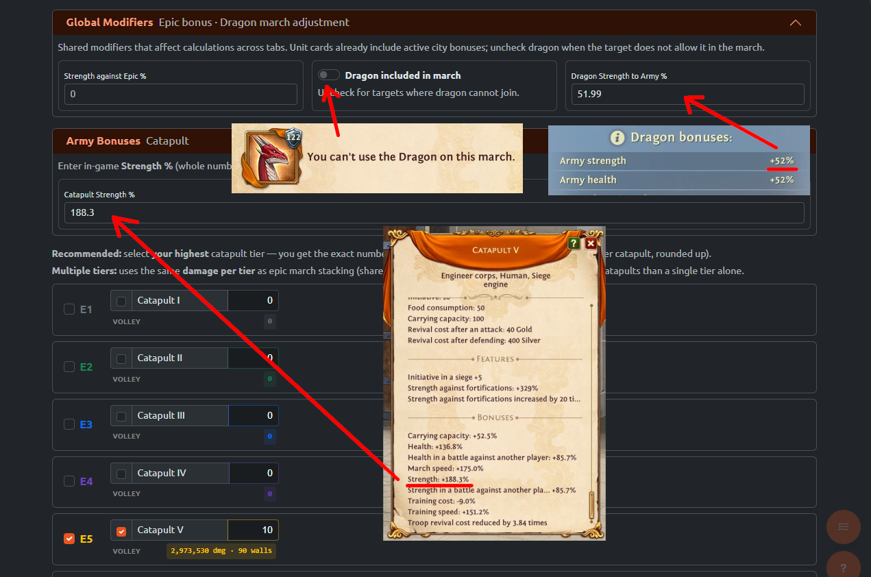 Global bonuses, selected catapults, and catapult bonuses
