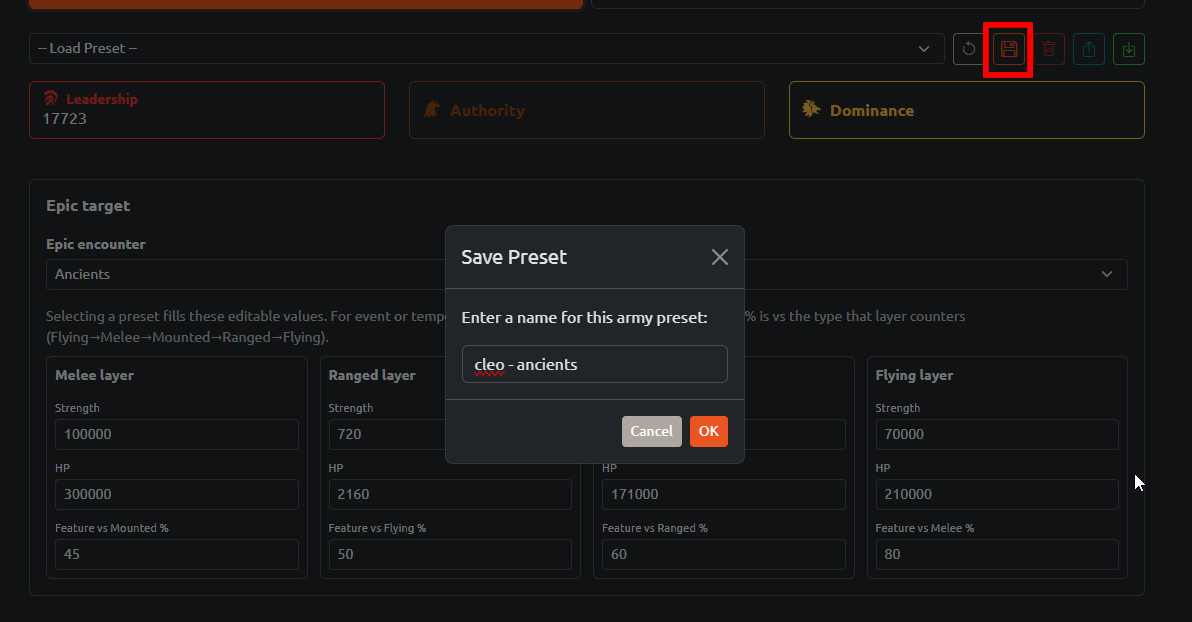 Saving a preset for repeated epic attacks