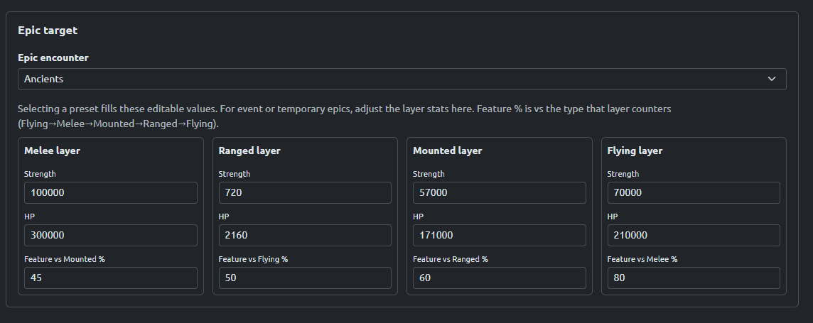 Selecting an epic target and reviewing editable layer stats